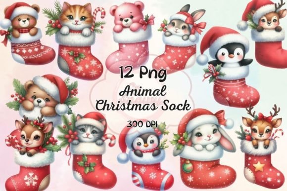 Adorable Holiday Charm: Cute Animal Christmas Sock Sublimation Designs