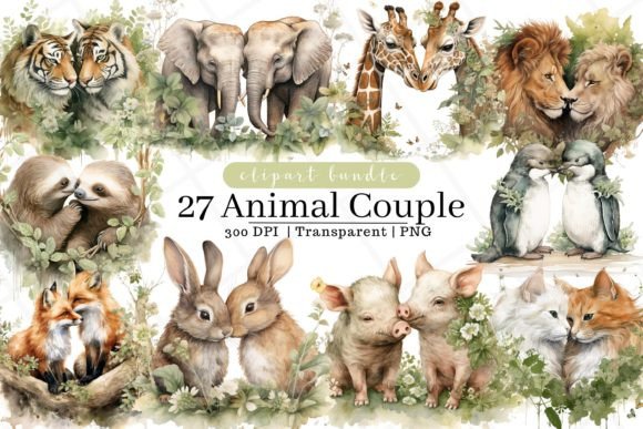 Animal Couple Watercolor Clipart: Whimsical Art for Modern Projects