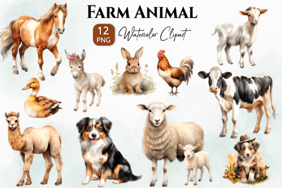 Bring Rustic Charm to Life with Farm Animal Watercolor Clipart PNGs