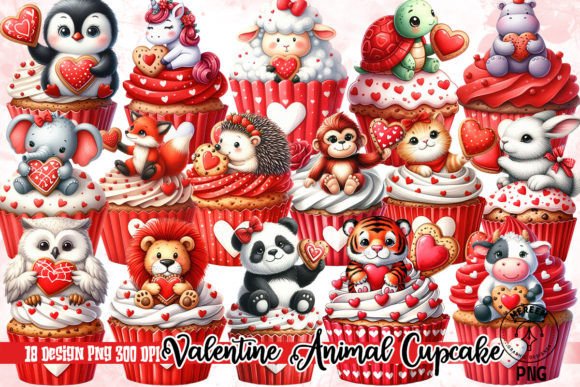 Charming Design Assets: Funny Valentine Animal Cupcake Clipart