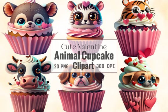 Cute Valentine Animal Cupcake Clipart for Sweet Designs