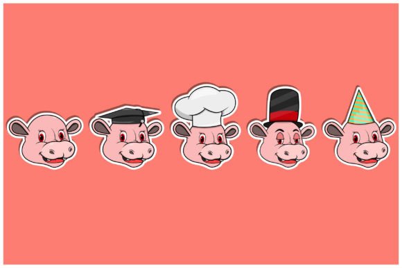 Head Hippopotamus Animal Sticker Set: Adorable Vector Designs