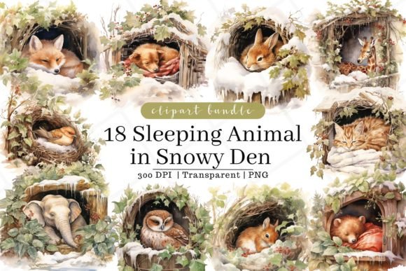 Sleeping Animal in Snowy Den Watercolor: A Cozy Design Asset
