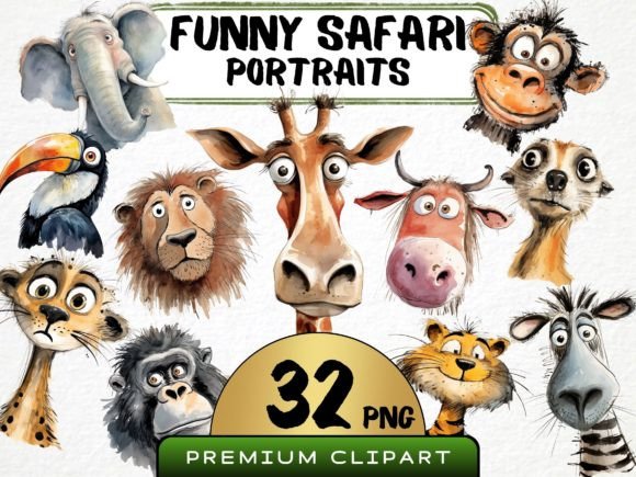 Unleash Playful Charm with Funny Safari Animal Portraits Clipart